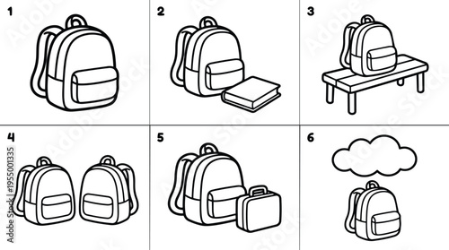 Black and white line art backpack with book briefcase cloud and bench icons
