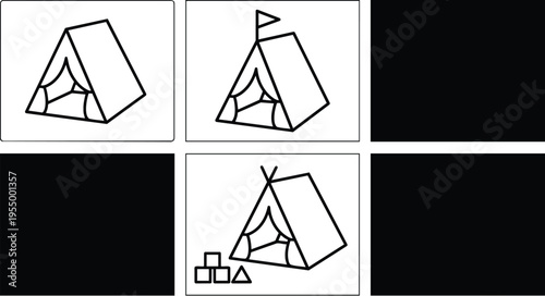 Line art tent with flag and stacked cubes flat design camping icons set