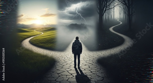Crossroads Choice: Man Facing Three Paths - Path to Success, Stormy Road, and Dark Forest. Choosing Future, Life Decisions and Career Challenges.