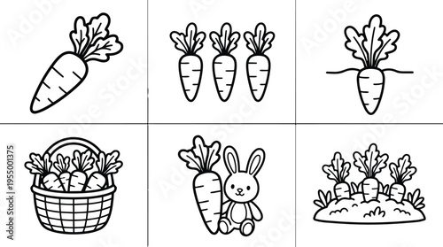Carrot variations including basket and bunny with carrot illustration