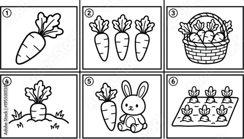 Black and white line art carrot series with bunny and basket flat design vector