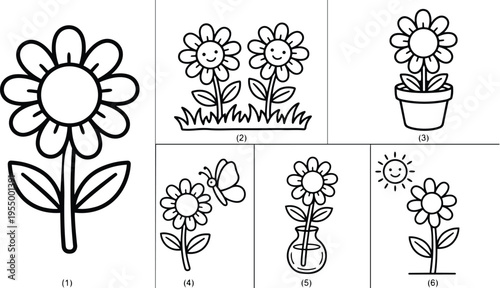 Smiling daisy flowers with butterfly sun and vase