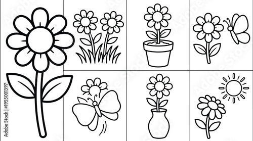 Black and white line art set of flowers butterflies and sun with pot and vase