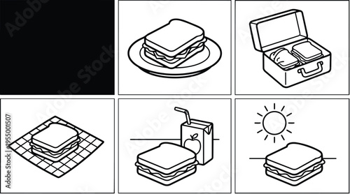 Black and white line art sandwich with juice box and picnic setting vector illustration
