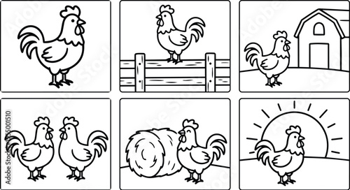Black and white line art rooster and chicken farm scenes with barn haystack and sunrise