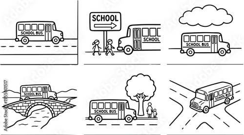 Black and white line art school bus illustrations in various scenes with children and road signs