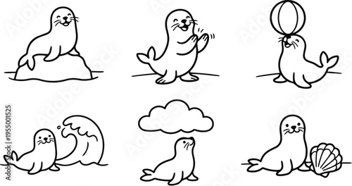 Playful seals with ball wave cloud and shell vector illustration