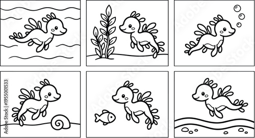 Cute sea dragon swimming with fish shell and seaweed black and white vector art