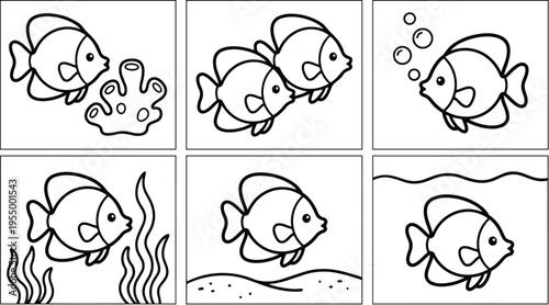 Fish with seaweed coral and bubbles underwater scenes