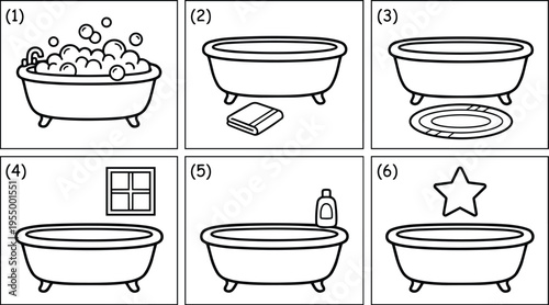 Black and white line art bathtub with bubbles soap bottle towel and star icons