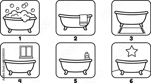 Black and white line art bathtub with bubbles and towel icon set