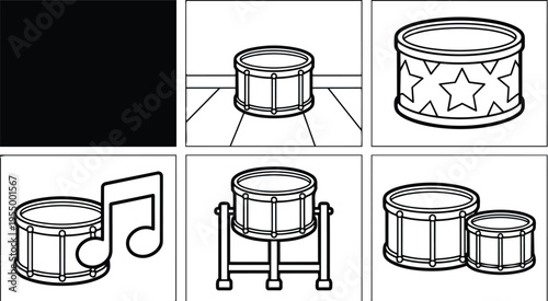 Black and white line art drums with music note and star pattern vector illustration