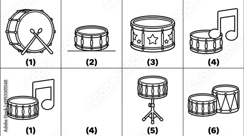 Black and white line art snare drums with musical notes and sticks flat vector
