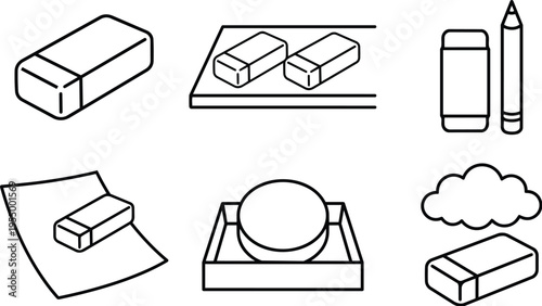 Erasers with pencil and cloud icon set