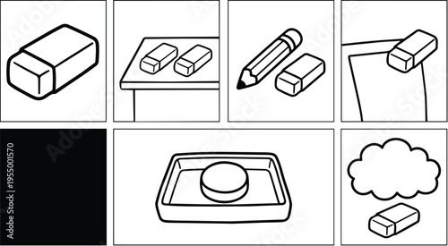 Black and white line art eraser with pencil and paper in various positions