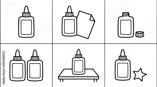 Black and white line art bottles of glue with paper and star shapes vector set