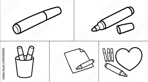 Black and white line art markers with heart and paper vector illustration