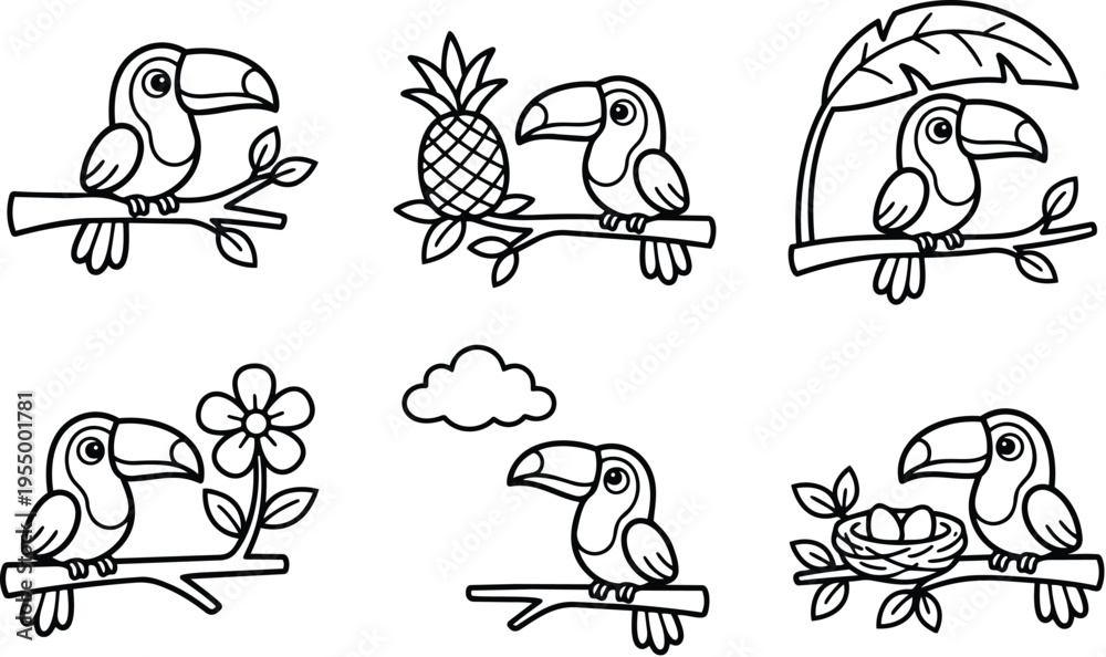 Obraz premium Black and white line art toucan birds perched on branches with pineapple flower leaf nest and cloud
