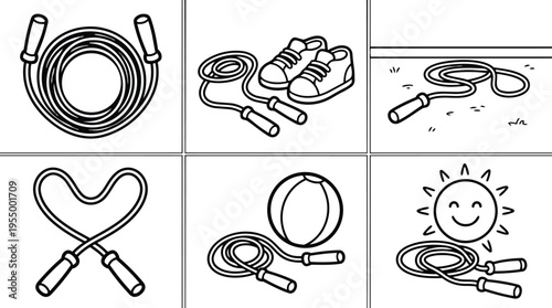 Black and white line art jump rope with shoes ball and sun icons