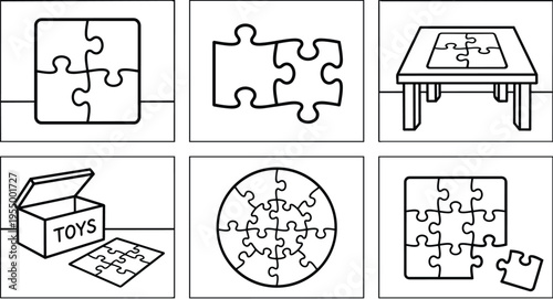 Various puzzle pieces and box with toys label