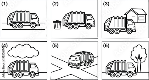 Black and white line art garbage truck with trash can house tree and road elements