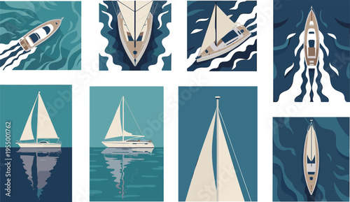 Minimalist sailboat illustrations set with yachts on sea ocean nautical travel marine vector design modern flat style collection