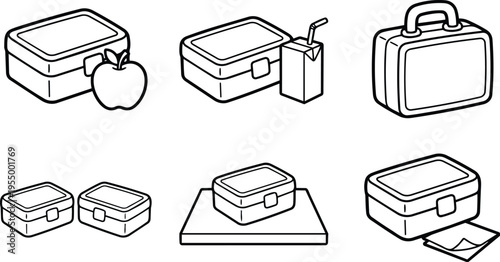 Black and white line art lunchboxes with apple juice apple and note