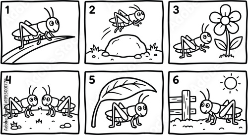 Cricket insect in six natural scenes with flower leaf sun and fence