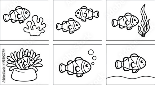 Black and white line art clownfish with coral seaweed and anemone underwater scenes