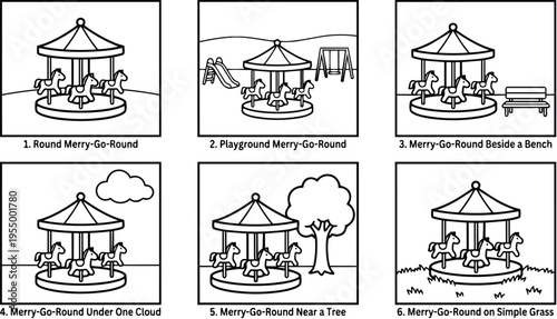 Black and white line art merry go round with horses in various outdoor playground scenes
