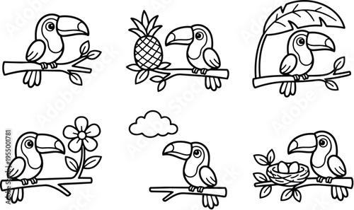 Black and white line art toucan birds perched on branches with pineapple flower leaf nest and cloud