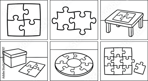 Black and white line art puzzle pieces with box table and ring shape