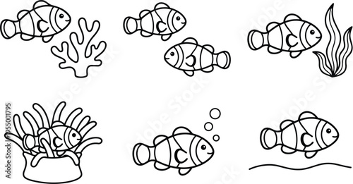 Black and white line art clownfish with coral and seaweed ocean creatures vector