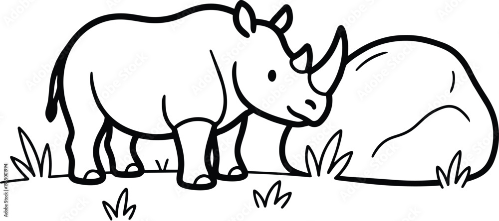 Fototapeta premium Black and white line art rhinoceros next to rock with grass