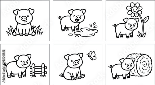 Cute line art pig characters in various farm scenes with flower butterfly and hay bale