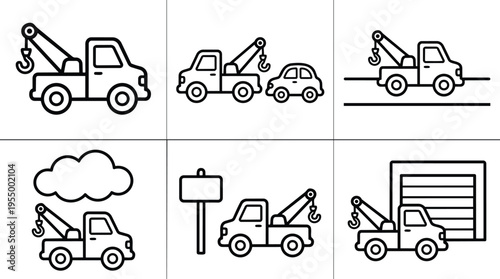 Black and white line art tow truck with hook and car flat design set