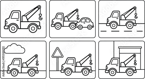Black and white line art tow truck with hook in various scenes and settings
