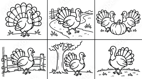 Black and white line art turkeys with pumpkin and fence in autumn scenes