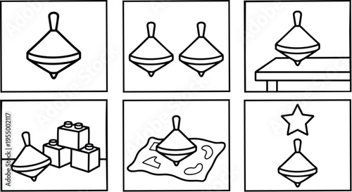 Spinning top toy in various positions and settings