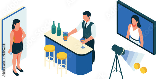 Social interaction scenes with bar service photography portrait and doorway meeting isometric vector illustration lifestyle people communication design concept