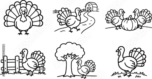 Black and white line art turkeys with barn pumpkin fence and tree farm scenes