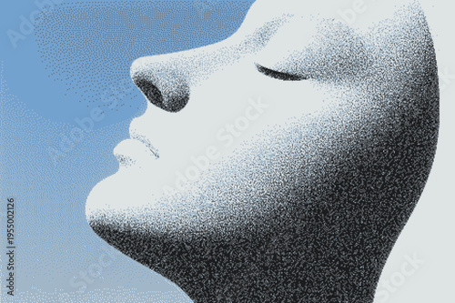 Stylized mannequin head with soft features and gradient blue background