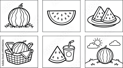 Black and white line art watermelon slices whole fruit and juice cup picnic basket outdoor