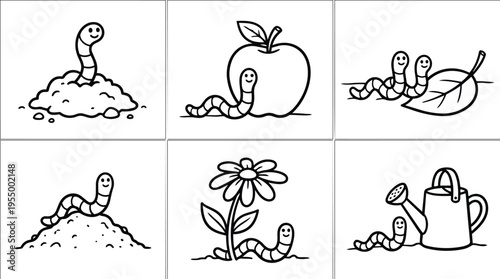 Black and white line art smiling earthworms with soil apple leaf flower and watering can