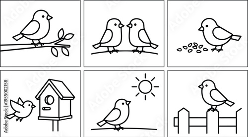 Line art birds on branch fence birdhouse and sun simple black outlines