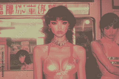 Futuristic portrait of a model in vaporwave style, showcasing bold colors and retro aesthetics