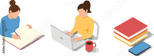 Student writing in notebook and working on laptop with books and smartphone isometric vector illustration modern education study concept