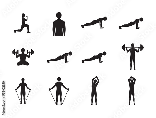 Black silhouette icons of people exercising with weights and bodyweight