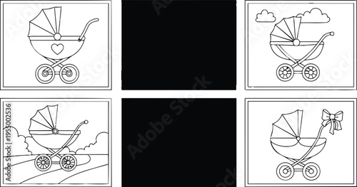 Black and white vector line art baby stroller with heart and bow decorations