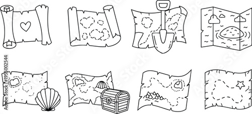 Black and white pirate map collection with hearts shells shovels and treasure chest